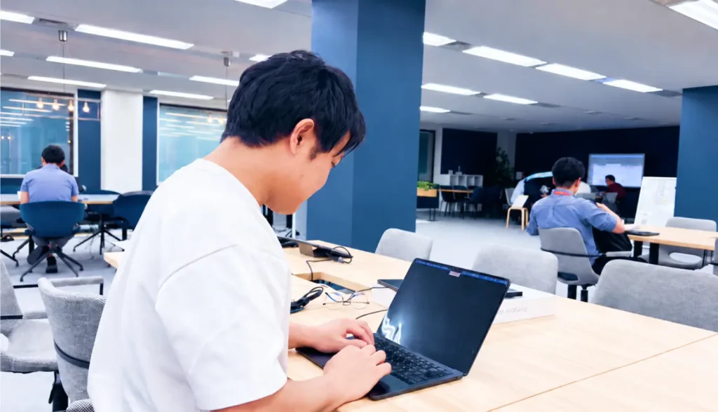 オフィスでノートパソコンに向かって作業するメンバー